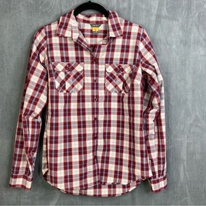 Eddie Bauer Women's Shirt Nylon Roll Tab Sleeve Plaid Red White Button Size XS